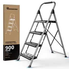 DIAMONDFORGE 4 Step Ladder, Folding Step Stool with Anti-Slip Wide Pedal, Soft Handle, Anti-Slip Feet, Sturdiest Steel Construction, 900lbs Capacity Steel Ladder for Home and Office, Grey