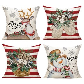 Christmas Outdoor Throw Pillow Covers 20 x 20 mas Decorations Santa Stripe Cushion Covers Decorative Winter Holiday New Year Home Decor for Sofa Couch Bedroom Livingroom Set of 4, Red