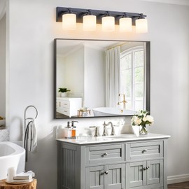 BrkNit 5 Light Modern Bathroom Light Fixtures Over Mirror, Black Vanity Lights for Bathroom Wall Sconces with Milky White Glass Shades, E26 Socket (Bulbs Not Included)