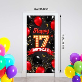 Happy 17th Birthday Red and Black Banner Backdrop Balloons Theme Decor for Girls Women Princess 17 Years Old Birthday Party Decorations Bday Supplies Photo Booth Props Background Favors Glitter Gold