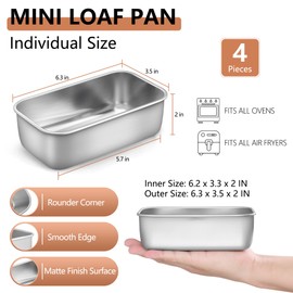 LIANYU 4 Pack Mini Loaf Pan for Baking Bread, 6.3 x 3.5 Inch Stainless Steel Small Bread Loaf Pan for Homemade Meatloaf, Tin Loaf Baking Pan Perfect for Banana Sourdough Sandwich, Dishwasher Safe