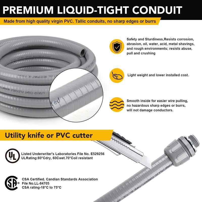Elecoman 1/2inch 100ft Liquid-Tight Conduit and Connector Kit,Flexible Non-Metallic Liquid