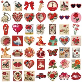 50pcs Red Vintage Aesthetics Stickers Cute Romantic Vinyl Laptop Decals, Waterproof Aesthetic Stickers, Red Vintage Sticker Pack for Girls Water Bottles Laptop Computer Phone Guitar