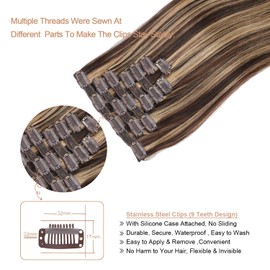 18'' Double Weft Clip in Real Remy Human Hair Extensions 8pcs 100g Silky Straight-100% Remy Human Hair Highlight Colour Lace Weft Clip in Hair Extensions for Women (18 Inch 100g, 4/27)