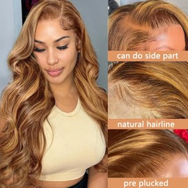 TDGBLS Highlight Ombre Lace Front Wig Human Hair 13x6 Body Wave 200% Density Full Lace Frontal Highlights Wigs 4/27 Brown Honey Blonde Highlighted For Women