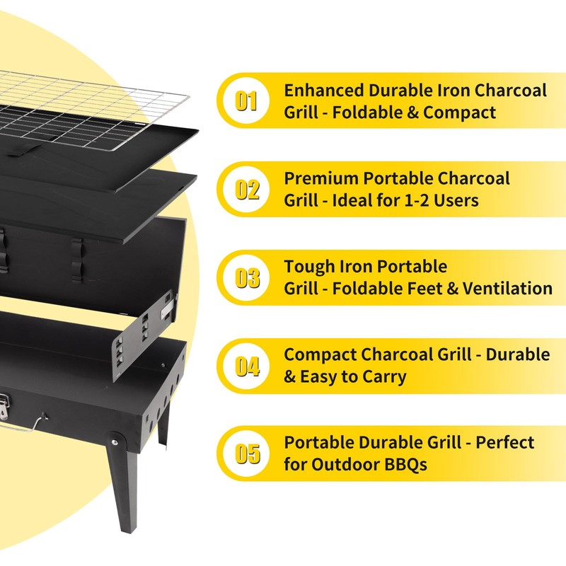 Portable Grill with Lid & Adjustable Vents - Foldable Charcoal