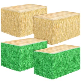 Fovths 4 Packs Luau Grass Table Skirt Paper Fringe Straw Grass Skirt 108 x 30 Inch Hibiscus Hawaiian Table Skirts Rectangle Tropical Luau Party Decorations for Hawaiian Luau Decorations