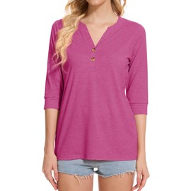 Dimur Womens Tops Trendy 2025 Spring Summer V Neck Button Down 3/4 Sleeve Shirts Cute Ladies Tops and Blouse Rose Medium