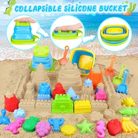 Collapsible Beach Toys Set for Kids Toddlers, Travel Sand Castle Toys for Beach with Mesh Bag & Sand Molds, Collapsible Sand Bucket and Shovel Set for Kids, Sandbox Toys for Toddlers Kids Age 3-12