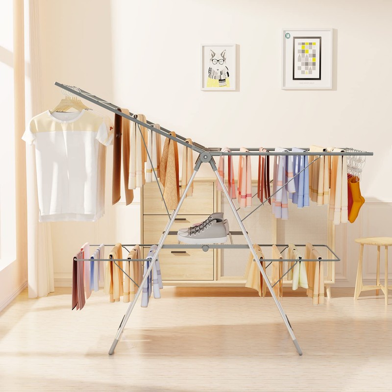 Bigzzia Clothes Drying Rack Foldable, 2-Level Large Laundry Drying Rack