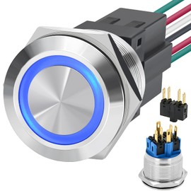 25MM Big Latching Push Button Switch 1“ DPDT SPDT Waterproof IP67 Stainless Steel 304 with 24V DC/AC LED Light with Wire Socket UL Certification Blue