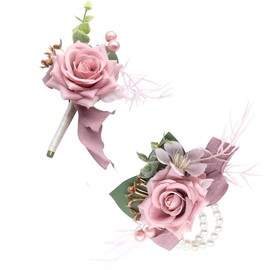 Ansofi Dusty Pink Corsage and Boutonniere Set, Artificial Flower Wrist Bracelets, Homecoming Corsage Wristlet, Boutonniere for Men Wedding Flowers Accessories Prom Suit Decorations