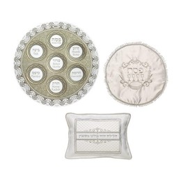 Ayuni Gifts of the World Elegant Painted Glass Large Passover Seder Plate 16" + Satin Matzah Cover + Embroidered Pillow Cover (Off White)