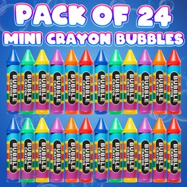 Mini Crayon Bubbles for Kids - (Pack of 24) Bulk 1 Fl Oz Bottles with Wands - Crayon Shape Bubbles in Bright Assorted Colors - Non-Toxic Mini Outdoor Party Favor Toys, Goodie Bags for Spring & Summer