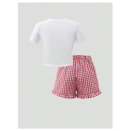 GORGLITTER Girl's 2 Piece Outfits Cherry Graphic Short Sleeve Tees and Plaid Shorts Sets Red and White 13Y