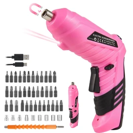 Durofort Pink Cordless Electric Screwdriver Set, 3.7V Rechargeable Small Electric Drill with 48pcs Driver Bit Set, Power 3Nm Screw Gun with 2 Position Handle, Flexible Shaft LED Light for Women