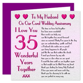 My Husband 35th Wedding Anniversary Card - On Our Coral Anniversary - 35 Years - Sentimental Verse I Love You