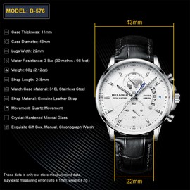 eYotto Men's Luxury Chronograph Quartz Wrist Watch, Casual Dress Black Leather Band Calendar Date Analog Formal Business Waterproof Wristwatch, Fashion Gifts Silver Luminous Dial Watches for Men