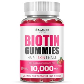 Biotin Gummies 10,000mcg, 60 Vegan Gummies with 7 Essential Vitamins for Hair, Skin & Nails Support, Strawberry Flavour Biotin Supplement Non-GMO, Gluten-Free (Strawberry)