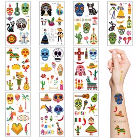 DJFOG Mexican Fiesta Fake Tattoo Stickers,10 PCS Temporary Tattoos,Sheets Colorful Skeleton Carnival Tattoos for a Festive Cinco De Mayo Celebration - Mexican Fiesta Fake Tattoo Stickers
