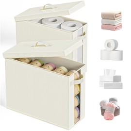 NAMTSO Bathroom Toilet Paper Storage with Lid - for Up to 12 Rolls | Storage Bins with Lids for Towel or Yarn | Free Standing | Foldable | Moisture Resistant | Clear Plastic Window | Beige | 2 Pack