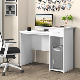 Tangkula White Desk with Drawer, Modern Computer Desk with Adjustable Shelf & Cable Hole, Compact Writing Study Desk, Wooden Computer Workstation for Home or Office, White