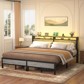 Homieasy King Size Bed Frame with Headboard & LED Lights, Heavy Duty Metal Platform Bed with USB Charging Station, No Box Spring Needed, Industrial Design, Light Oak