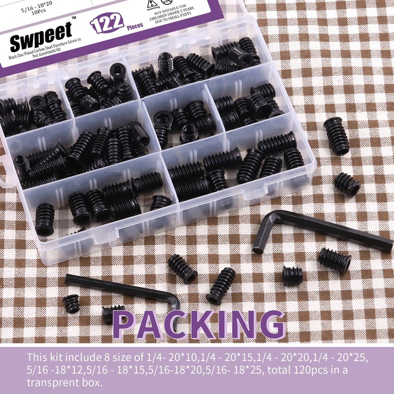Swpeet 122Pcs 1/4" + 5/16" Black Zinc Plated Carbon Steel