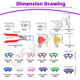 Swpeet 150Sets - 607Pcs 3/8" 2 Styles 5 Colors Solid and Hollow 5 Prong Metal Snaps Buttons with Snap Fasteners Tool Fastener Pliers and Tailor's Chalk Assortment Kit, Snap on Buttons for DIY Craft