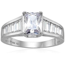 Sterling Silver 6x8mm Emerald Cut Cubic Zirconia Engagement Ring With Graduated Baguette Band