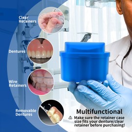 Denture Cup Dental Retainer Case Cleaning with Strainer Basket, Orthodontic Bath Box Mouthguard Storage Soaking Holder - Dark Blue