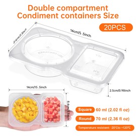 ABEJFIC 20 Sets Double Compartment Condiment Containers with Lid, Reusable Snack Pack Container, Portion Control Container for Condiments or Dips, Sauce, Salad Dressing, Sampling, Travel Snack