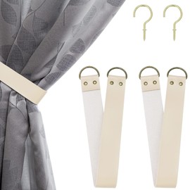 Leather Curtain Tiebacks Vintage Tie Backs for Outdoor Curtains Pull Backs with 2 Metal Hooks Drapery Holdbacks for Office Home Living Room Bedroom 2 Pcs (Beige, Wide)