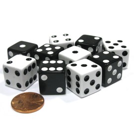 Set of 10 Six Sided 16mm D6 Dice - 5 Black w White Pip and 5 White w Black Pip by Koplow Games