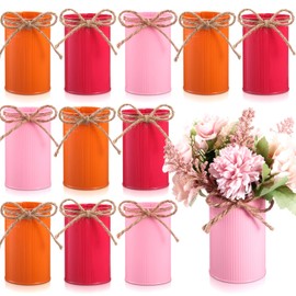 Domensi 4.33 Inch High Farmhouse Vase Decor Vintage Flower Vase with Twine Bow Rustic Galvanized Metal Buckets for Artificial Flowers for Table Centerpiece Weddings Home (Orange, Fuchsia, Pink,12 Pcs)