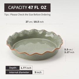 SIDUCAL Ceramic Pie Pan for Baking[10.5 inch],Reusable NonStick Ceramic Pie Plate with Ruffled Edge,Deep and Fluted Pie Dish for Apple Pie,Quiche,Pot Pies, Tart, etc（Green）