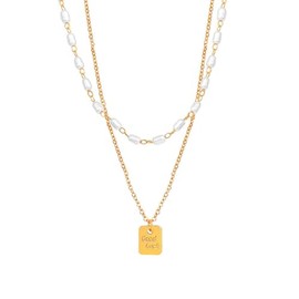 Gold Pearl Beaded Layered Necklace Gold Square Letter "Good Luck" Pendant Necklace for Women Simple Pearl Beads Choker Necklace Elegant Small Little Pearl Bead Lucky Necklace for Birthday Party Jewelry Gift