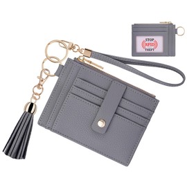 Women Slim RFID Card Case Holder Wristlet Zip ID Case Wallet Small Leather Wallet Coin Purse with Keychain (Z Gray)