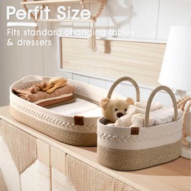 Baby Changing Basket Includes Diaper Caddy - Soft & Waterproof Dual-Cover, Portable, Changing Pad for Dresser & Changing Table, Gift for Baby Shower, Organic Cotton Rope