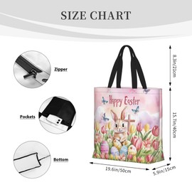 Hufuaoey Happy Easter Tote Bag with Handles Large Happy Easter Reusable Bags Gift Bunny Egg Hunt Bags