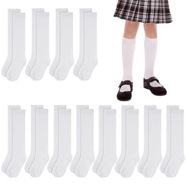 12 Pairs Girls Kids Knee High Socks Long School Uniform Socks Uniform Dress Socks Soft Crew Socks Baby Toddler (White,8-12 Years)