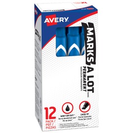 Avery Marks-A-Lot Permanent Markers, Large Desk-Style Size, Chisel Tip, Water and Wear Resistant, 12 Blue Markers (08886)
