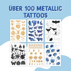 Papierdrachen 100 Metallic Tattoos for Sticking, Skin-Friendly Children's Tattoos, Sun, Moon and Stars, Glitter Tattoo, as Birthday Party Bags, Vegan, Made and Tested in Germany