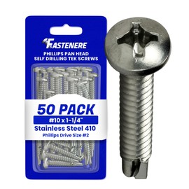#10 x 1-1/4" Pan Head Self Drilling Tek Screws, Full Thread, Phillips Drive, Stainless Steel 410, Bright Finish, Self-Drilling, Quantity 50 Pieces by Fastenere