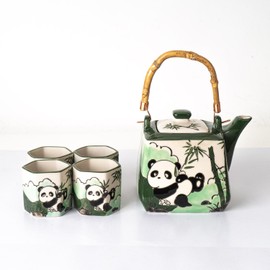 Porcelain Tea Set Teapot with Strainer Square Shape With Wooden Handle and 4 Hexagon Tea Cups Handpainted Playful Panda Design Tea Set Japanese Style