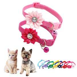 XXS Dog Collar with Bell,(2-Pack) Pink+Hot Pink Flower Cat Collars with Bells Girl Cute Fancy Floral Puppy Collars with Bells for XXS XS Tiny Little Kitten Pet Female Dogs,Neck 7-12 Inch