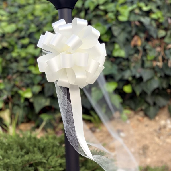 Ivory Wedding Pull Bows with Tulle Tails - 8" Wide, Set of 6, Christmas, Anniversary, New Year, Mother's Day, Reception, Graduation, Birthday