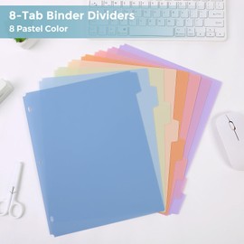 SKYDUE Durable Plastic 8-Tab Dividers, Big Tab Dividers for 3 Ring Binder, Write&Erase 3 Ring Binder Dividers with Tabs,with Sticker Labels, 1 Set, Pastel Color