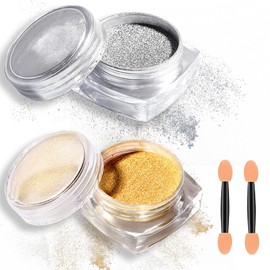2 Colors Gold Silver Chrome Nail Powder,Holographic Metallic Chrome Powder for Nails Art,Glitter Mirror Effect Chrome Pigment Dust Powder with Sponge Stick