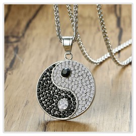 Mgutillart 18K Gold Plated Stainless Steel Yin Yang Medallion Pendant Iced Out Crystal Necklace(Steel)